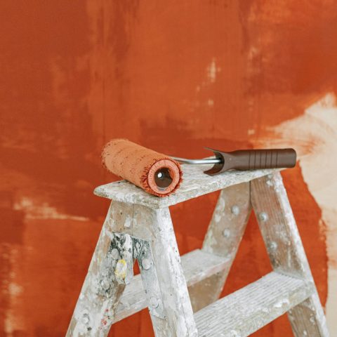 Paint roller on a ladder with a partially painted red wall in the background.